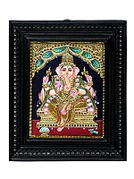 Bhagawan Ganesha Tanjore Painting | Traditional Colors With 24K Gold | Teakwood Frame | Gold & Wood | Handmade | Made In India