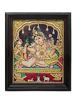 Navaneeta Krishna Tanjore Painting | Traditional Colors With 24K Gold | Teakwood Frame | Gold & Wood | Handmade | Made In India