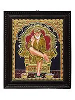 Shirdi Sai Baba Tanjore Painting | Traditional Colors With 24K Gold | Teakwood Frame | Gold & Wood | Handmade | Made In India