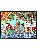 28" x 20" An Early Morning  Scene In Village |Traditional Colors | Handmade | Village Madhubani Paintings |Made in India