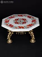 15" Hexagon Shaped Designer Pedestal (Chowki) with Inlay Work | Brass and Marble