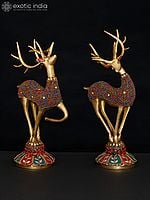 11" Brass Pair of Reindeers with Inlay Work | Table Decor