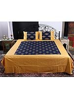 Golden & Midnight-Blue Color Gold Vine-Paisley Motif Printed Cotton Queen Size Bedsheet With Two Pillow Cover