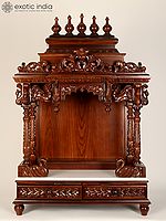 48" Large Wood Carved Designer Puja Temple with Double Drawers