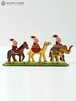 9" Hand Painted Wooden Santa Clauses Riding on Horse, Camel and Elephant | Home Decor