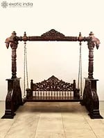 94" Large Wood Carved Designer Swing with Brass Chains