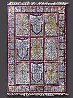 White & Blue Mughal Motifs Chainstitch Asana Carpet from Kashmir and Tassels