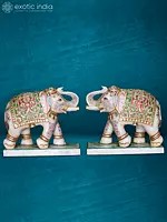 24” Pair Of Elephant In White Makrana Marble | Handmade Statue