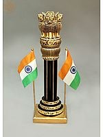 19" Ashoka Stambh Pillar Indian Flag Emblem Carved Figurine Ashok Chakra Showpiece