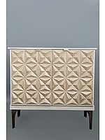 36" Tone Diamond White Carved with Two Drawer Design Wooden Cabinet | Handmade Art