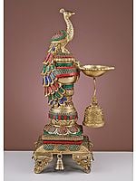 20" Brass Peacock Diya with Bell | Handmade
