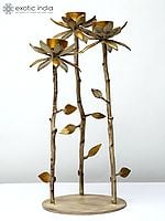 17" Brass Lotus Design Three Cups Candle Holder with Stand