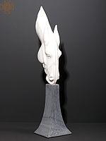 32" Large White Marble Horse Head on Grey Stone Base | Modern Art Sculpture