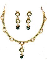Faux Emerald Polki Necklace and Earrings Set with Cut Glass