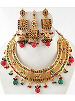 Polki Faux Ruby and Emerald Bridal Choker with Earrings and Mang Tika Set