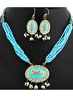 Turquoise Color Necklace and Earrings Set with Golden Ascent