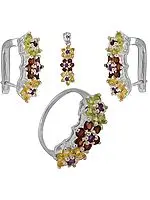 Faceted Gemstone Floral Pendant with Earrings and Ring Set (Faceted Citrine, Garnet and Peridot)