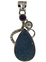 Blue Druzy Pendant with Pearl and Amethyst