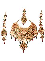 Golden Bridal Choker, Tika and Earrings Set with Faux Ruby and Emeralds