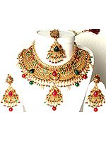 Golden Bridal Set with Necklace, Earrings, and Tika