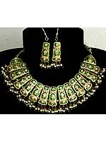 Green and Golden Bridal Necklace and Earrings Set with Cut Glass