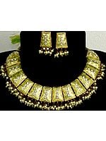 Lime Green Necklace and Earrings Set with Golden Accents