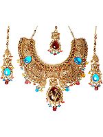 Multi-Color Bridal Necklace, Tika and Earrings Set with Large Cyan and Red Cabochons