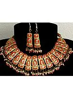 Orange and Golden Bridal Necklace and Earrings Set with Cut Glass