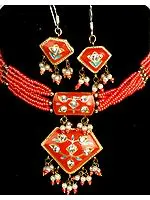 Orange Meenakari Necklace and Earrings Set with Beads