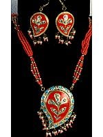 Orange Meenakari Necklace and Earrings Set with Large Paisleys