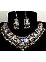 Persian-Blue Mughal Meenakari Necklace and Earrings Set with Floral Motif