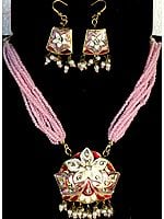Pink Star-Spangled Necklace and Earrings with Peacocks on Reverse