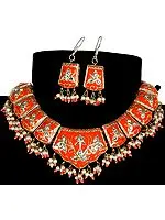 Mughal-Style Lacquered Cut-Glass Necklace With Drop Earrings