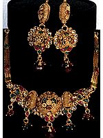 Polki Necklace and Earrings Set with Faux Ruby and Emeralds