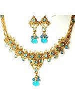 Sky-Blue Polki Necklace and Earrings Set with Cut Glass