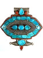 Turquoise Gau Box Pendant with Coral and Filigree
