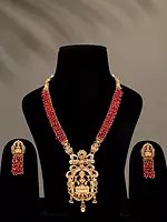 Goddess Lakshmi Long Temple Necklace and Earring Set with Beads