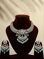 Designer Stone Studded Necklace and Earrings Set with Dangling Beads