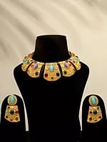 Multicolor Stone Studded Collar Necklace Set with Earrings