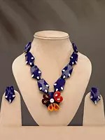 Stone Studded Floral Design Handloom Sambalpuri Fabric Necklace and Earrings Set