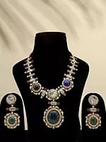 Glass Stone Studded Long Necklace Set with Earrings