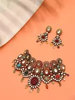 Padmavati Multi Stone Studded Choker Necklace Set with Earrings