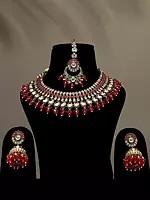 Red and White Stone Studded Necklace Set with Earrings and Mangtika with Beads Drop