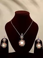 Floral Multicolor Stone Studded Pendant and Earrings Set