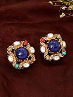 Square Shape Multi Stone Studded Earrings with Blue Stone In Center