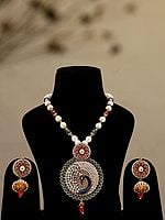 Stone Studded and Beaded Peacock Design Necklace and Earrings Set