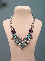 Tibetan Style Multicolor Stone Beads Necklace with Sixpence Coin