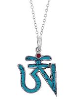 Turquoise Colored Tibetan Om (AUM) Inlay Pendant from Nepal