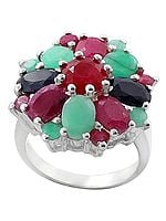 Precious Ruby, Emerald and Sapphire Gemstone Ring Made in Sterling Silver