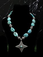 Long Turquoise Four-Pointed Star Necklace with Filigree Work
